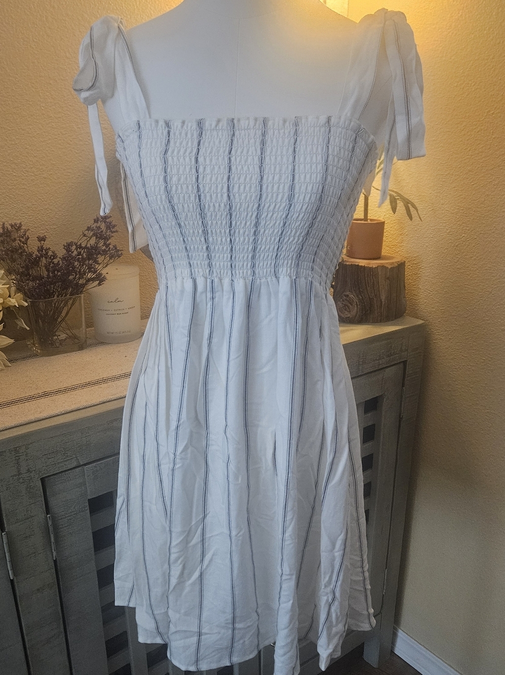 Show Me Your MuMu White Dress with Blue Pinstripes and Tie Shoulders - Picture 3 of 6
